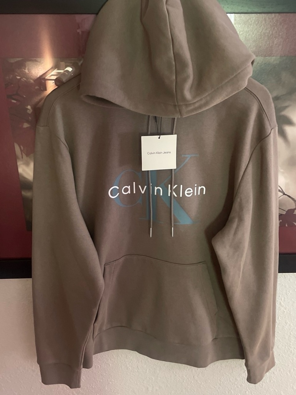 Calvin Klein Men's Crewneck Hoodie in Taupe with Blue Logo